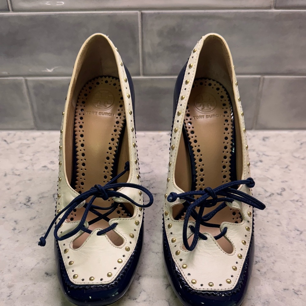 Tory Burch Navy and Cream Heels